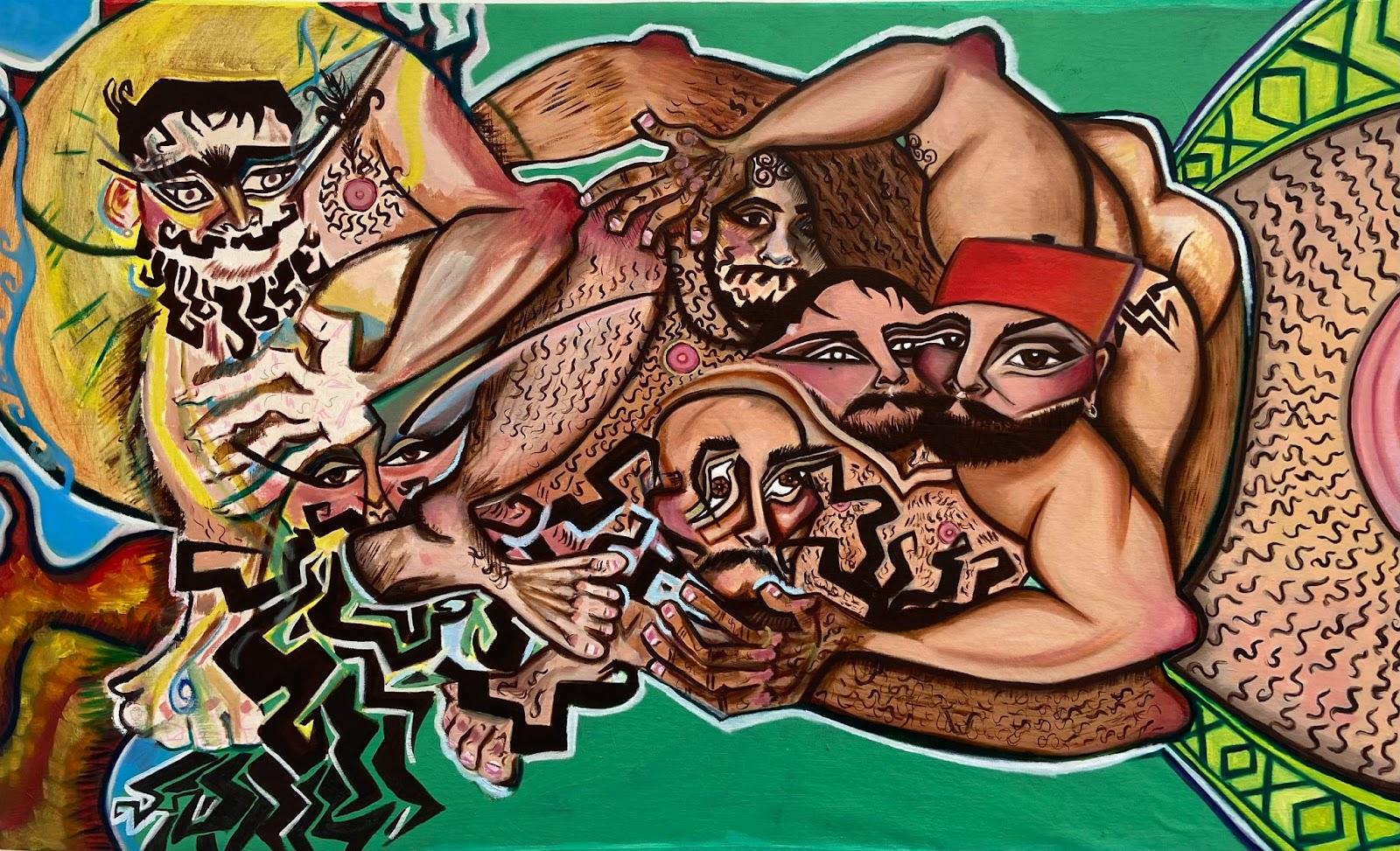 Ceyhun Fırat, Six-headed entangled figure, oil on canvas, 2022